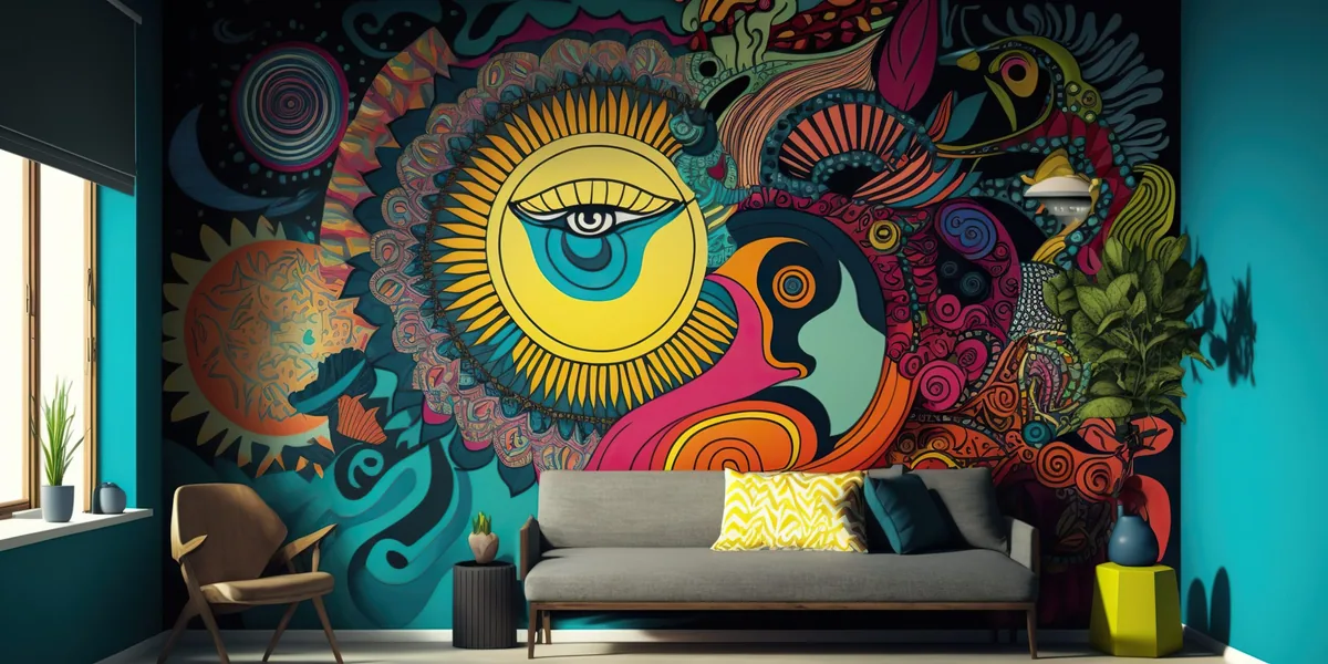 Colourful illustrated wall mural