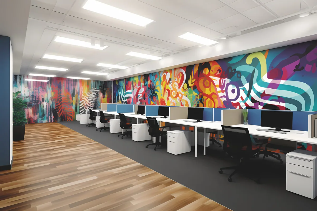 Colourful wall mural in a salon interior