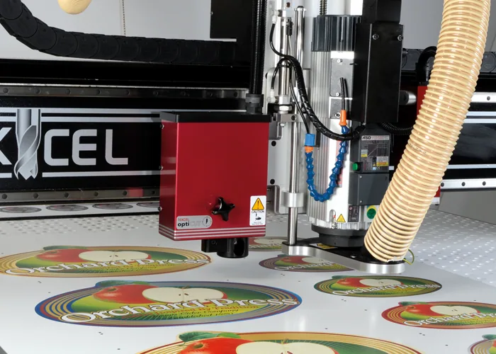 CNC knife cutting detail on a printed panel