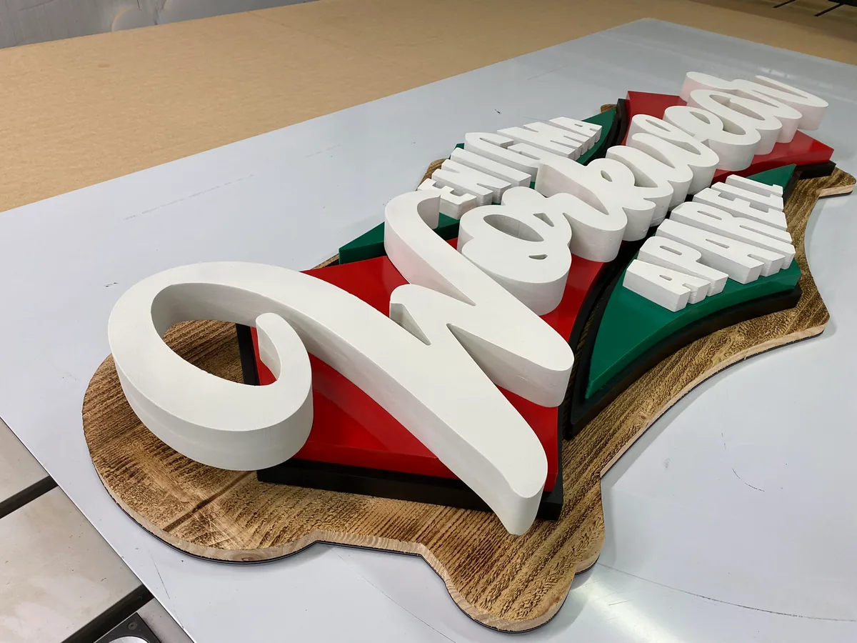 Dimensional lettering on a workshop bench