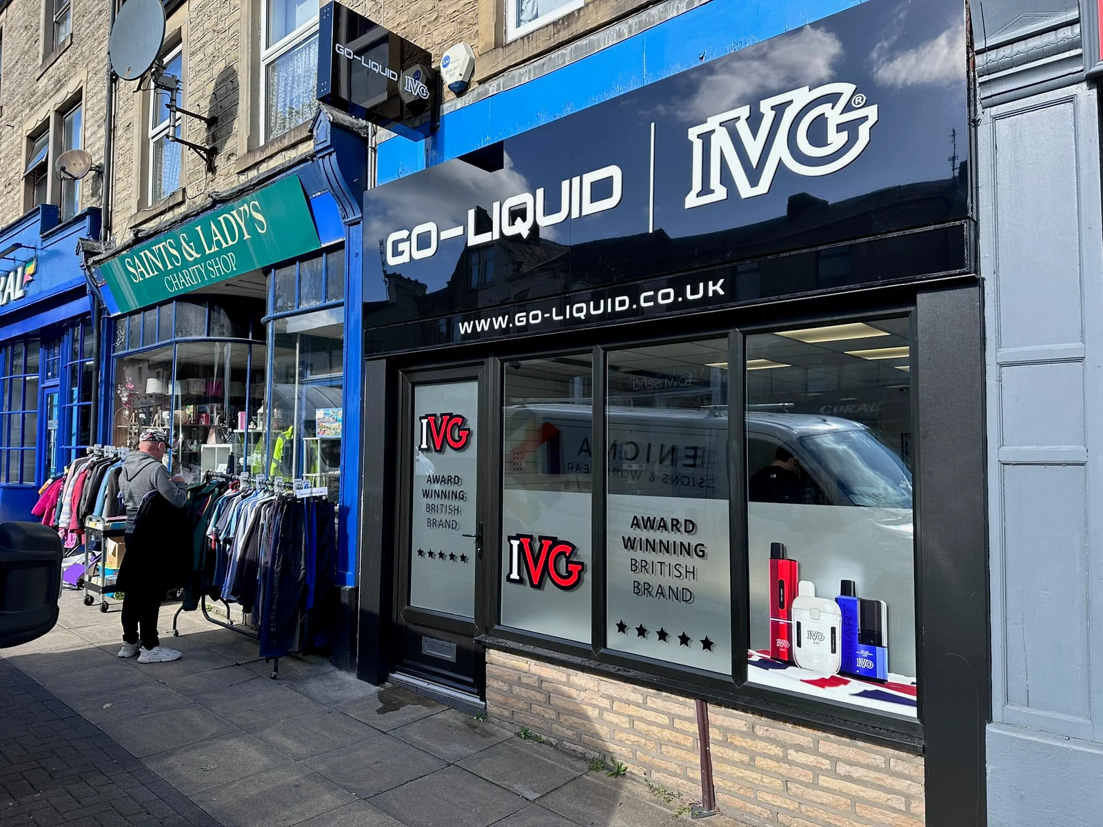 Go-Liquid and IVG shopfront with printed window panels and product graphics