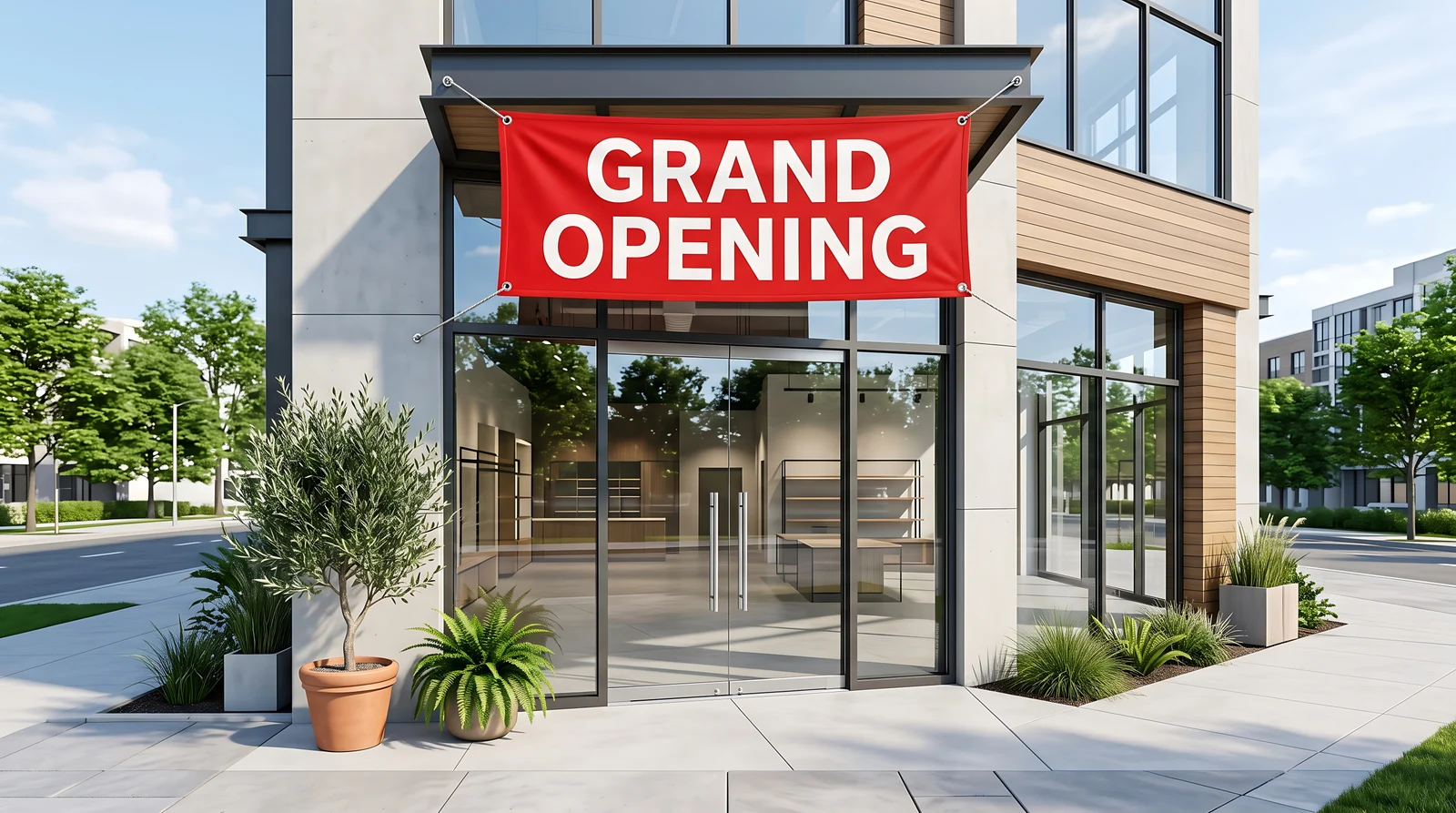Illustration of a red Grand Opening banner above a glass shop entrance