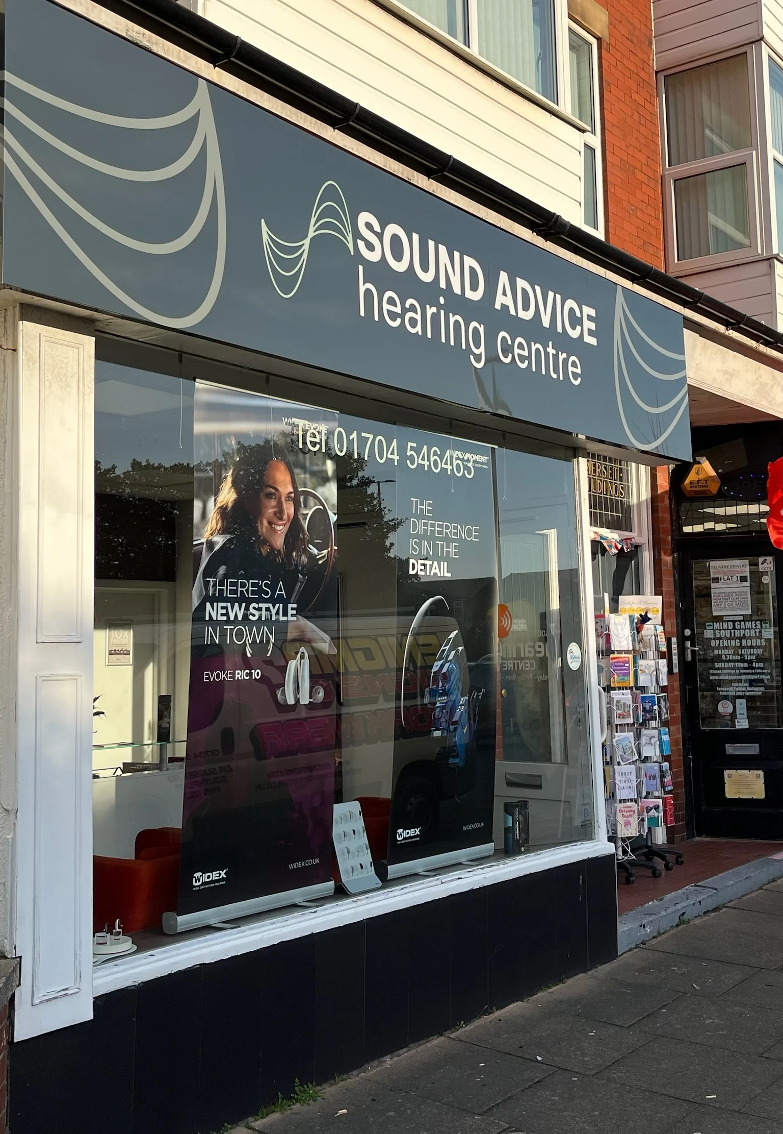 Sound Advice hearing centre fascia, window lettering and promotional displays