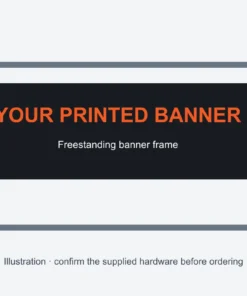 Illustration of a freestanding banner frame; confirm the supplied hardware