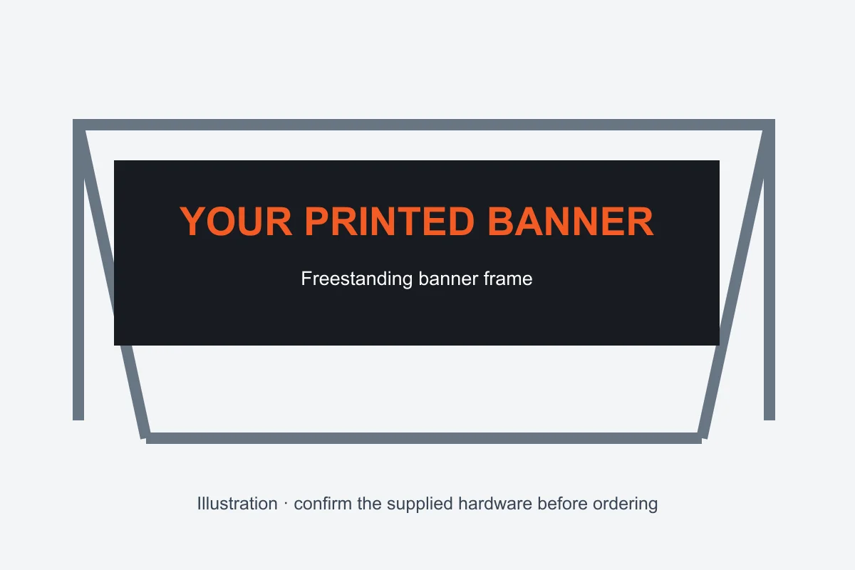 Illustration of a freestanding banner frame; confirm the supplied hardware
